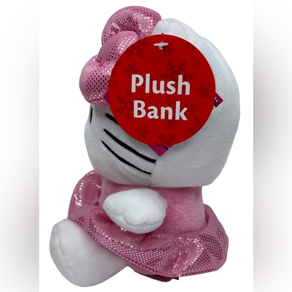 SANRIO Hello Kitty Licensed 8” Plush Coin Piggy Bank With Pink Dress & Pink Bow - Picture 4 of 12